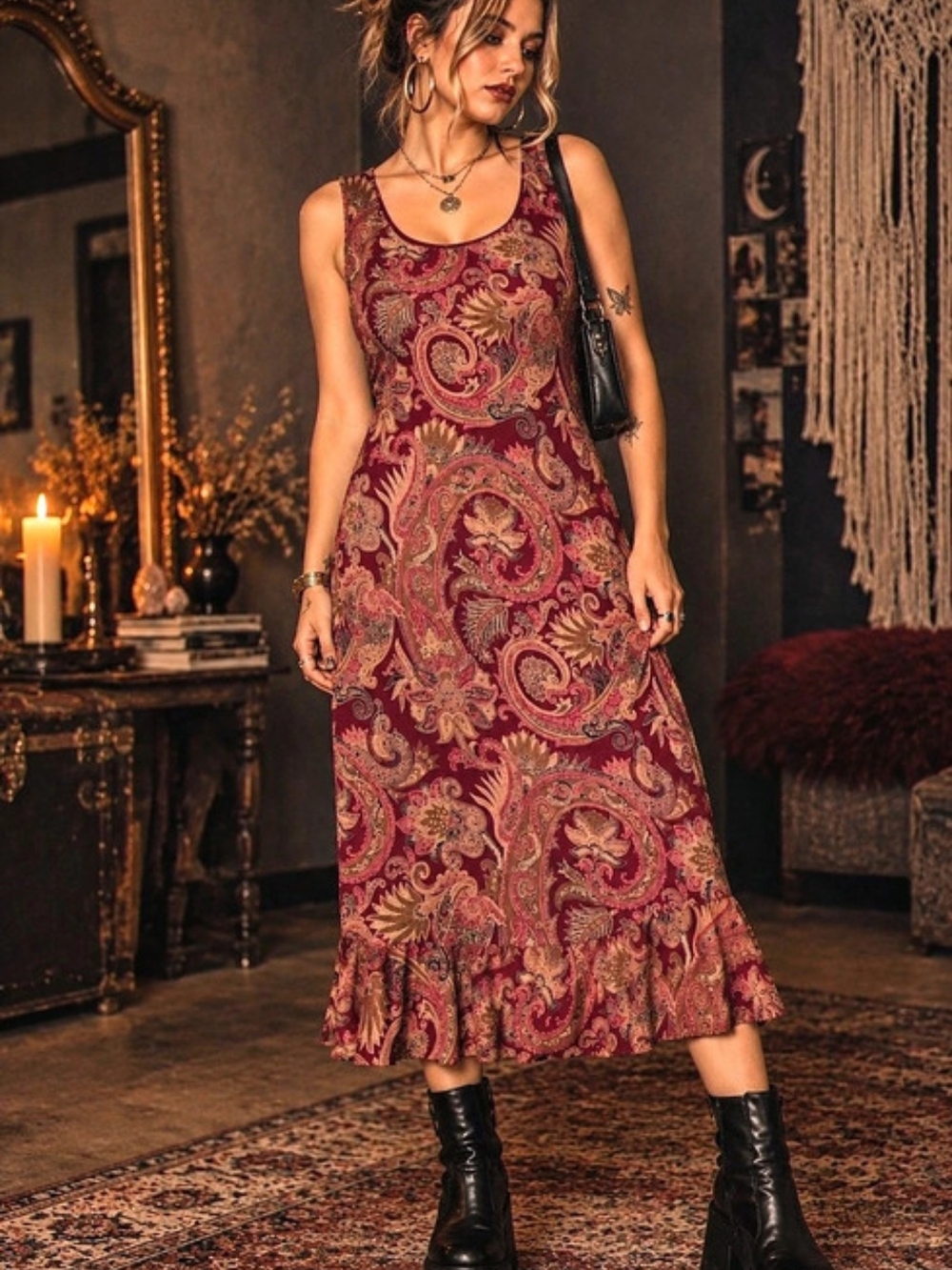 Vintage 90s K Studio Paisley Midi Dress Size 16 Burgundy Boho Whimsy Goth